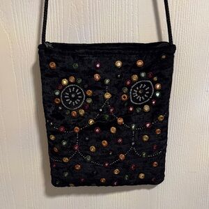 Velvet‎ Beaded Black Crossbody Bag Colorful Design Classy Bohemian Zipper Close